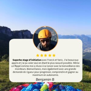https://maps.app.goo.gl/pDFSV4g45u9PKicJ6 Superbe stage d'initiation avec Franck et Yanis. J'ai beaucoup appris et j'ai pu voler seul en étant le plus rassuré possible. Même un flippé comme moi a réussi à se lancer avec la bienveillance des moniteurs. Bienveillance mais également avec une grande demande de rigueur pour progresser, comprendre et gagner au maximum en autonomie. Encore merci pour cette magnifique expérience et à très bientôt.